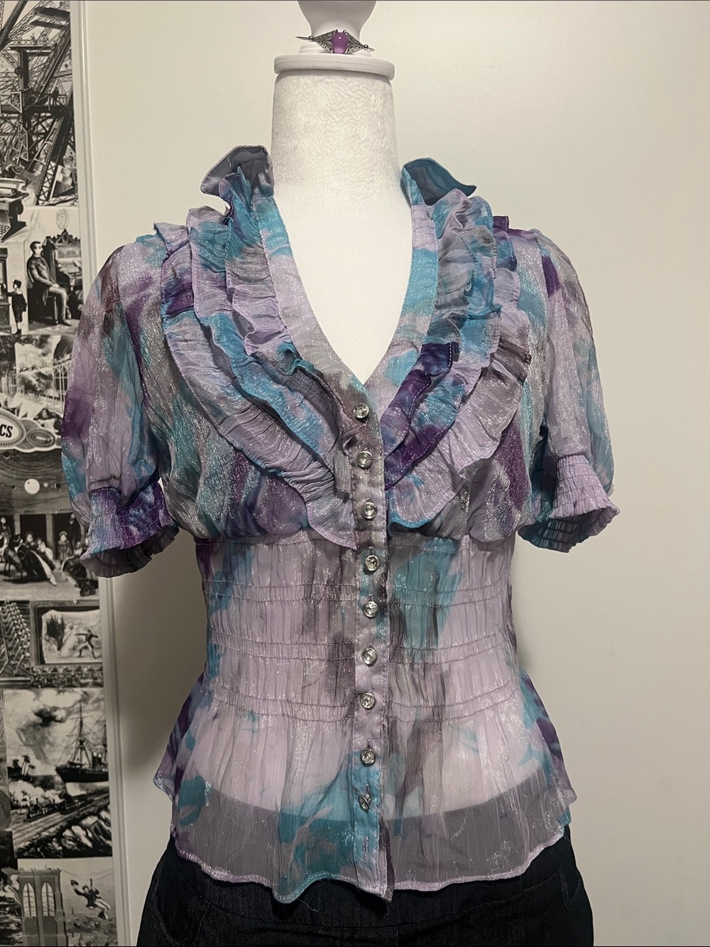 Spicy Ruffle Button-Front Blouse in Lavender & Teal